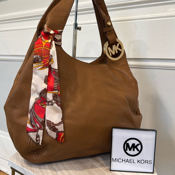 Michael Kors Handbags - Michael Kors Bag Large Brown Pebbled Leather Logo Strap Shoulder Bag